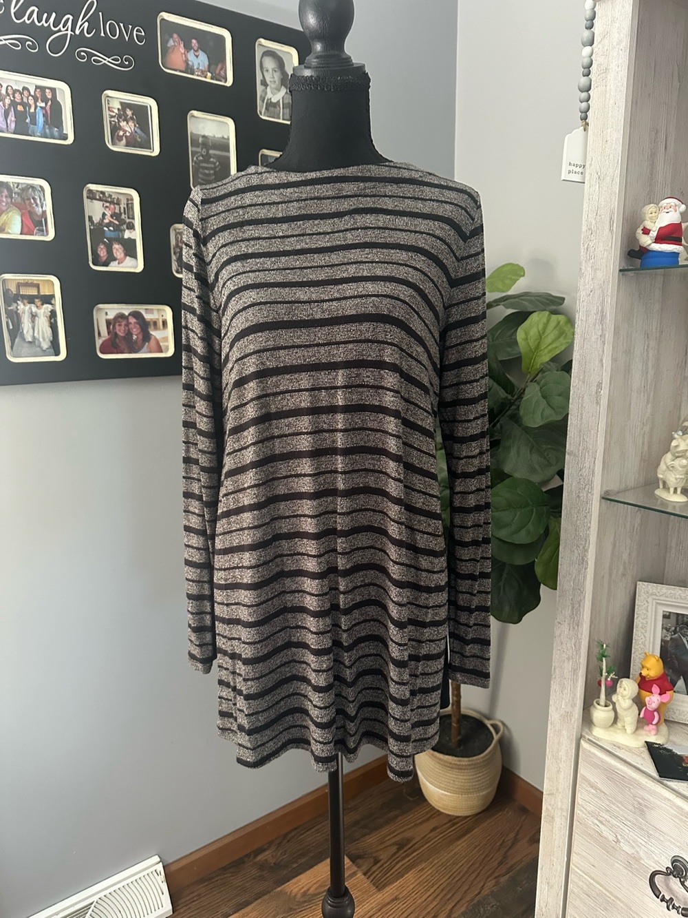 J. Jill Black and Gray Striped Crewneck Tunic Sweater